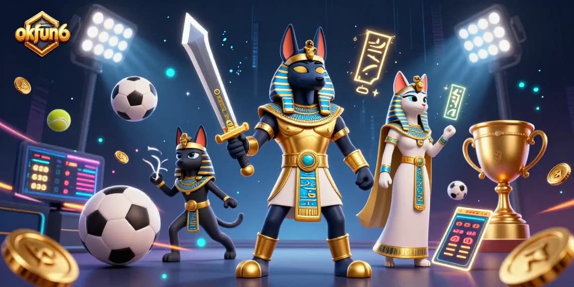 Engage with okfun6 in this vibrant casino-themed illustration featuring Anubis and Bastet.