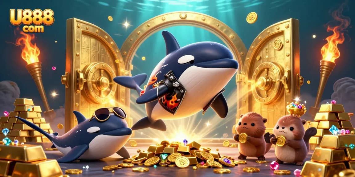 Experience the thrill of U888 com with treasure, whales, and rich casino elements in a vibrant underwater scene.