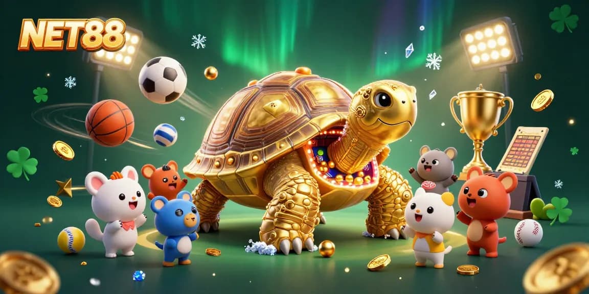 Engage with NET88 at a vibrant casino scene featuring a pinball tortoise amidst excited players and dynamic sports elements.