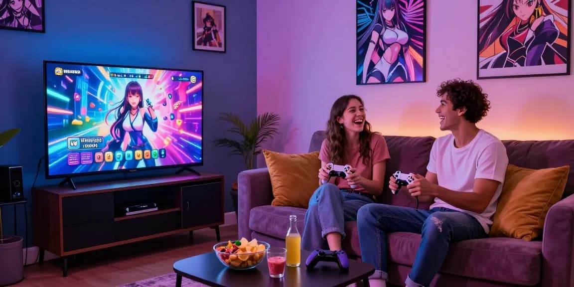Engaging couple playing a hentai game on a cozy sofa surrounded by gaming decor.