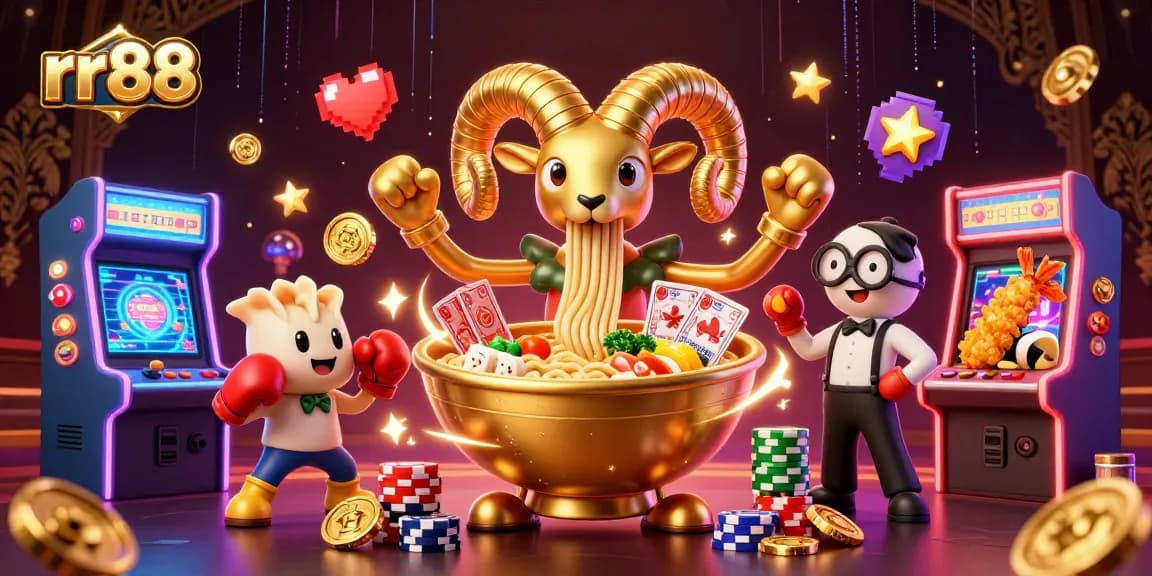 rr88 features a vibrant casino scene with characters and game elements, showcasing thrilling gambling action.