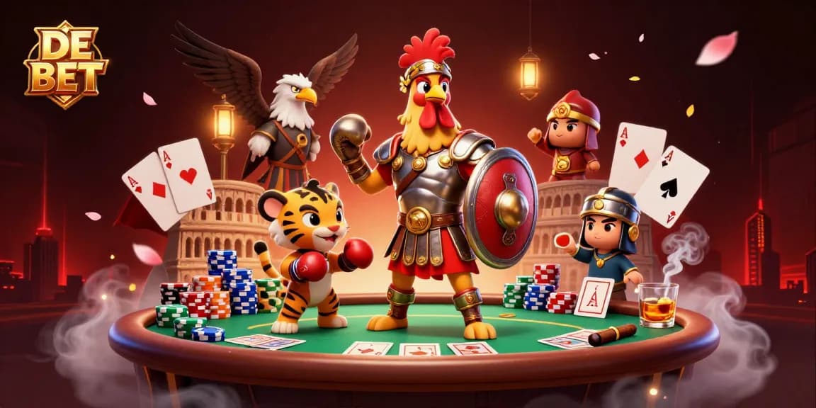 DE BET offers an exciting 3D gambling scene with poker and vibrant characters, enhancing the gaming experience.
