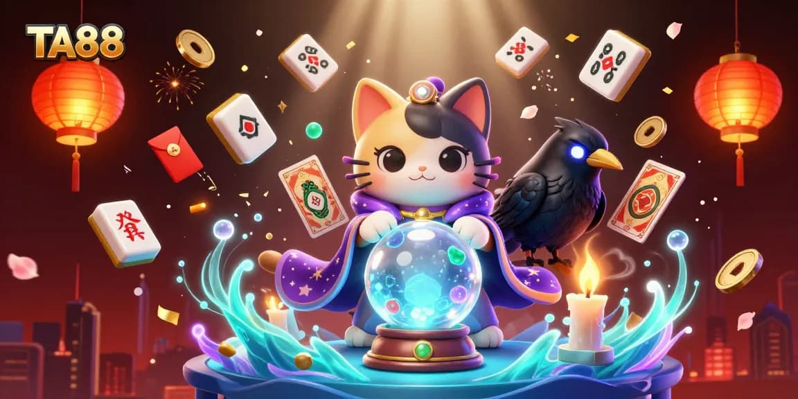 TA88 features a mystical cat and raven in a vibrant casino scene filled with lucky charms.