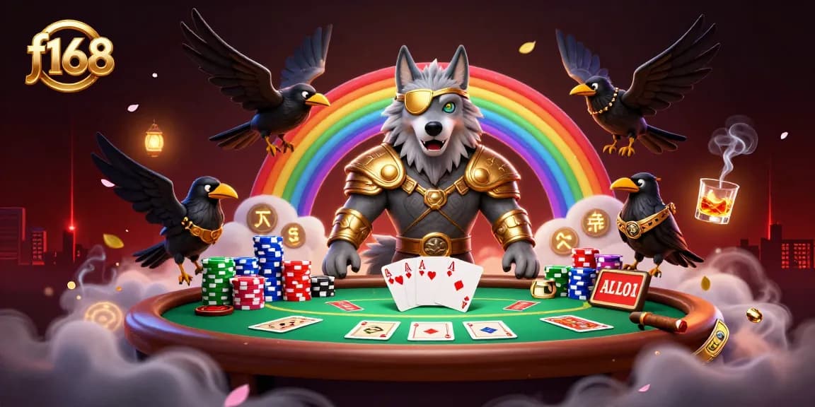Play f168 with Odin and ravens in a vibrant casino scene filled with poker action.