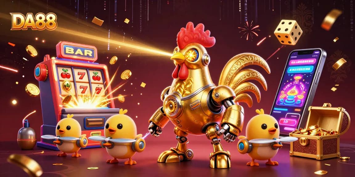 Witness the DA88 jackpot explosion with a dynamic 3D golden rooster robot and colorful casino elements.