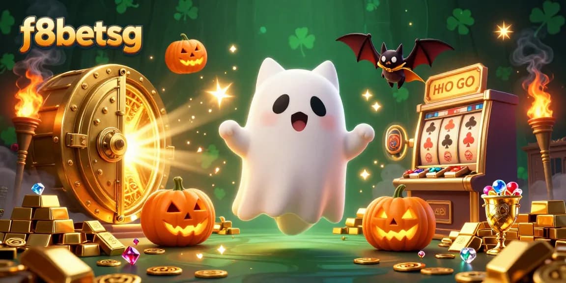 Engage in thrilling gameplay at f8betsg, featuring a friendly ghost cat in a haunted casino adorned with glowing treasures.