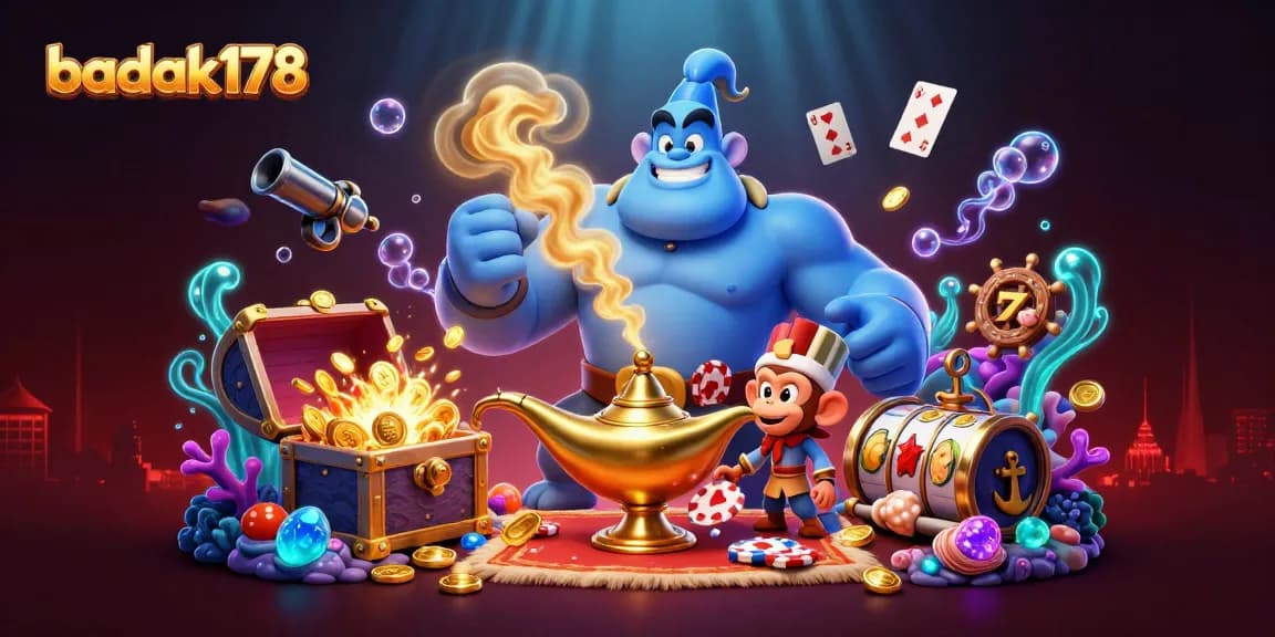 Experience the excitement of badak178 with a thrilling casino scene featuring a genie, monkeys, and golden treasures.