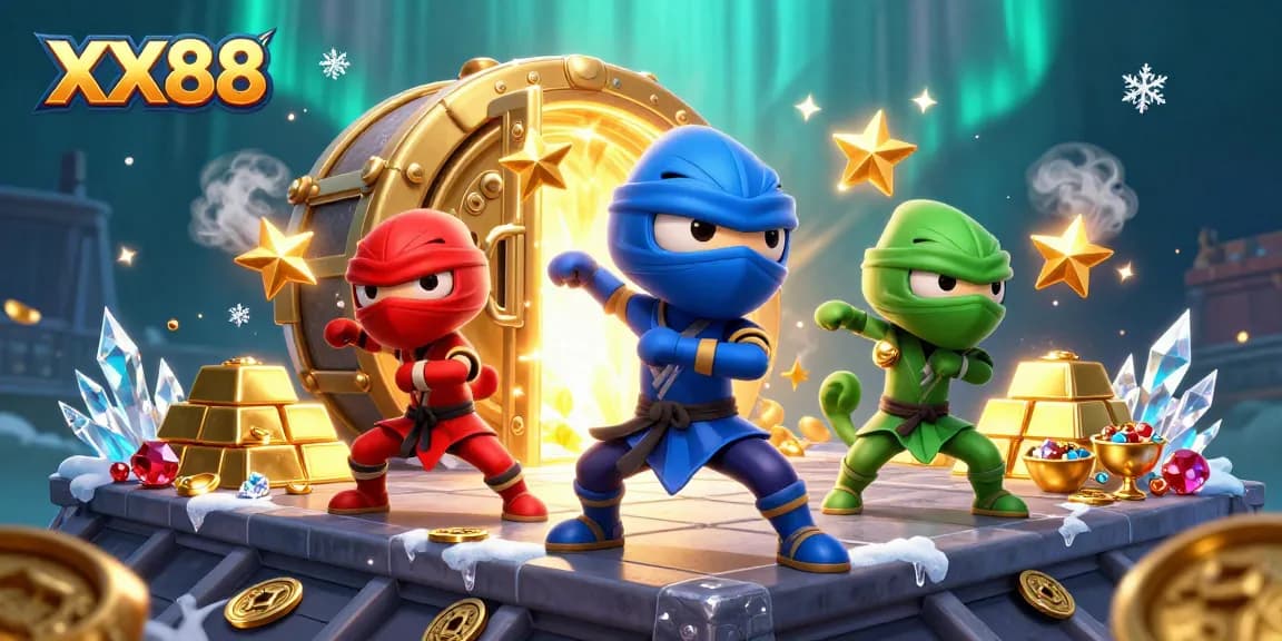 Experience thrilling gameplay at XX88, featuring vibrant chameleon ninjas and treasures in a dynamic casino scene.