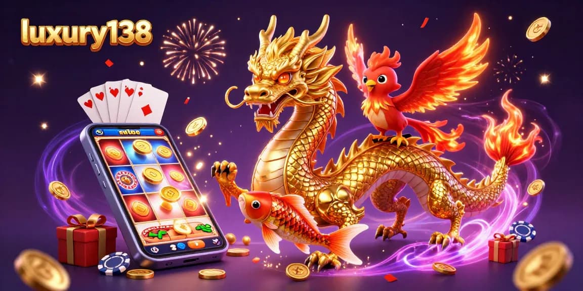 Experience thrilling gameplay with luxury138 as a golden dragon and phoenix celebrate big wins.