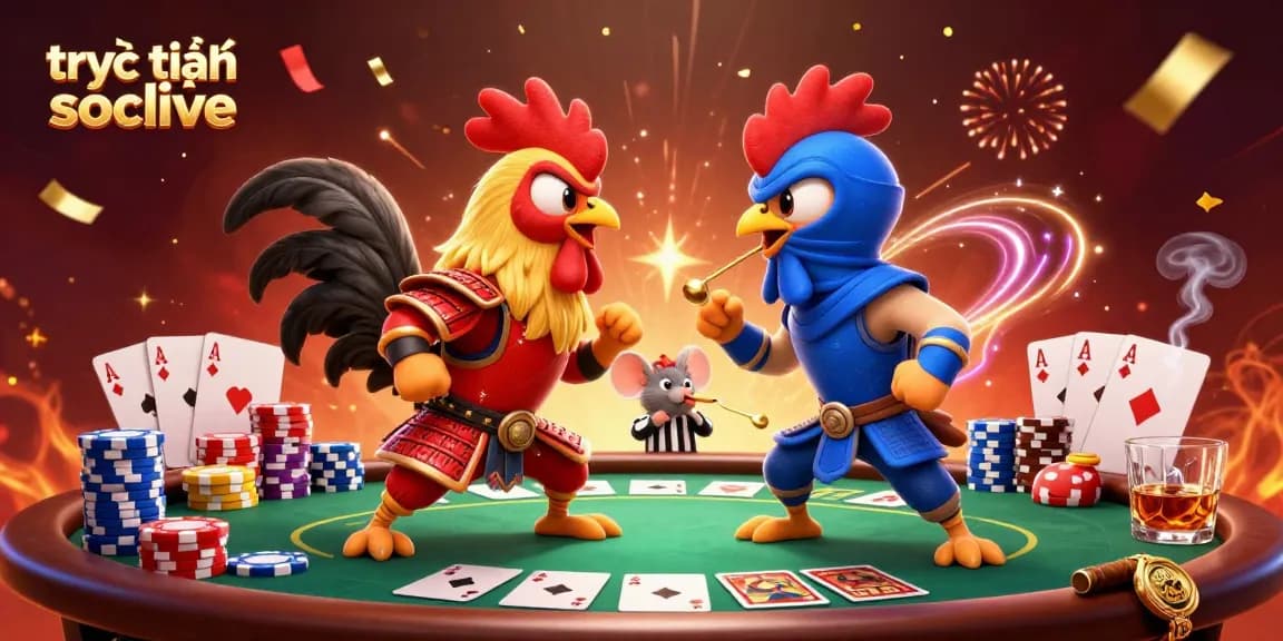 Watch trực tiếp socolive feature energetic roosters battling at a vibrant poker table in stunning 3D.