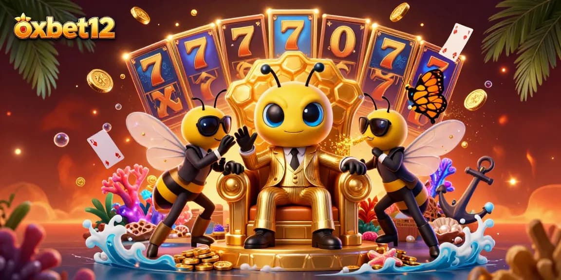 Experience excitement with oxbet12 in this vivid 3D casino scene featuring colorful slots and animated treasures.
