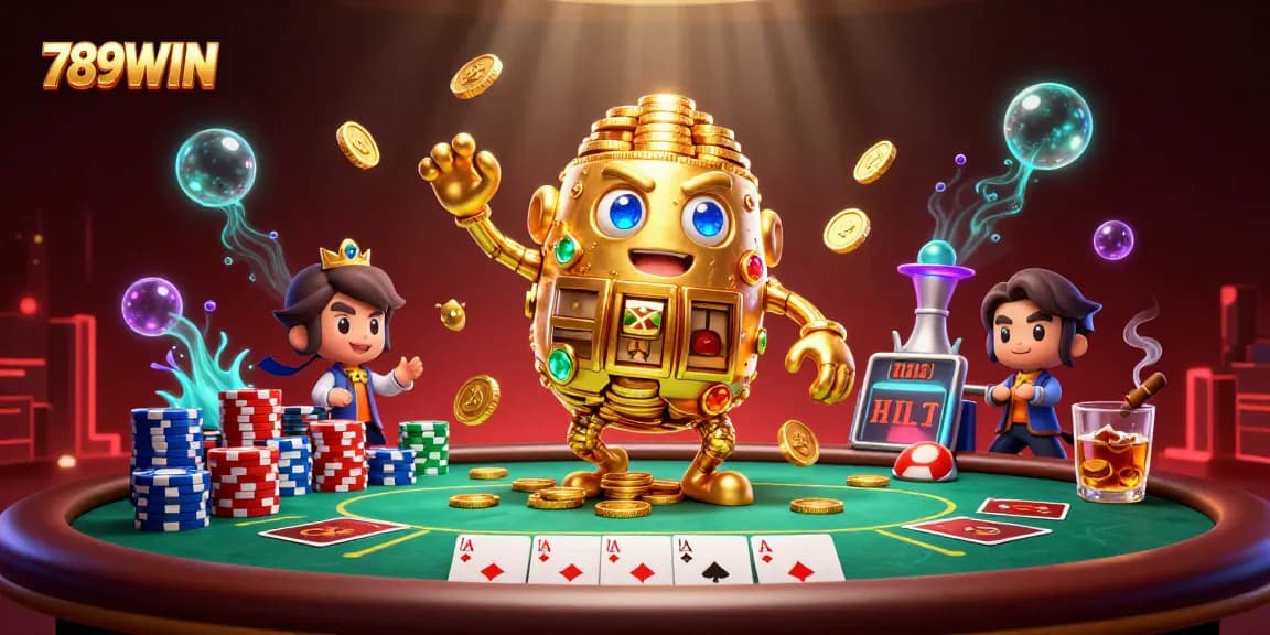 Engage with 789WIN's immersive casino scene featuring golden golem, poker elements, and vibrant atmosphere