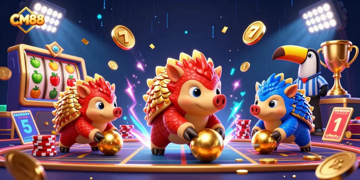 Interactive CM88 pangolins competing in a vibrant casino scene filled with slot game elements.