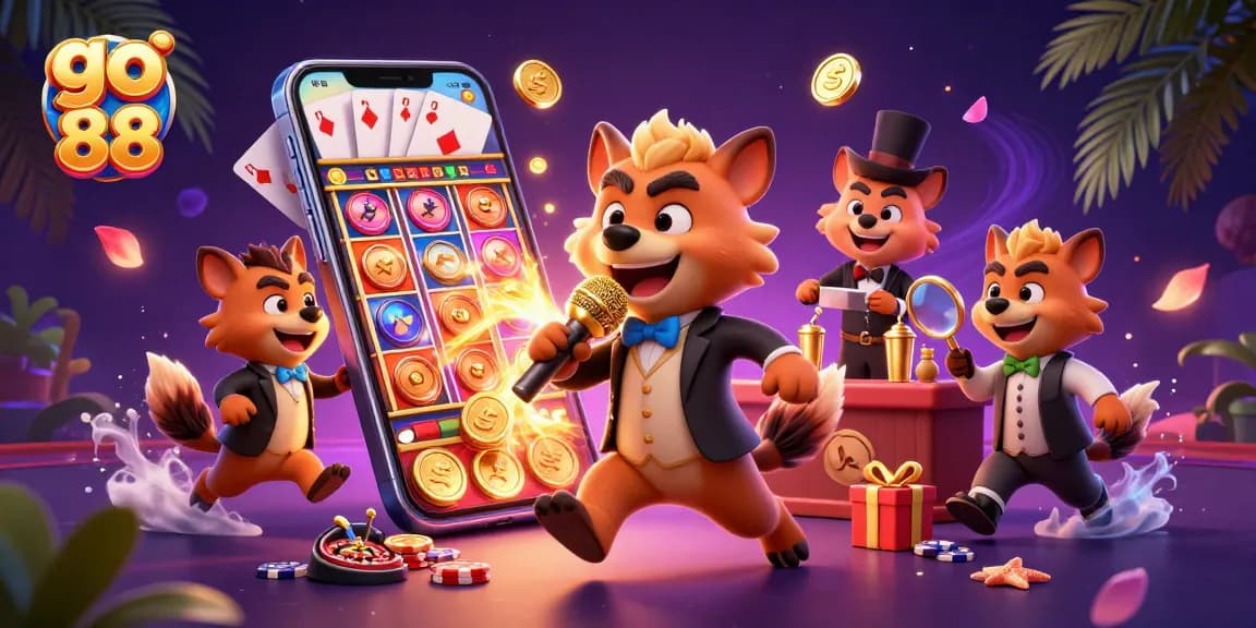 Explore vibrant gaming action at go 88 with hyenas in a dynamic casino scene featuring slot games.