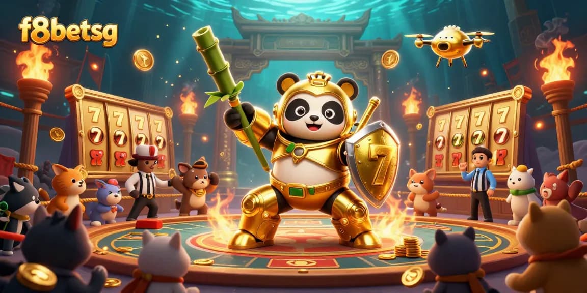 Experience thrilling action at f8betsg with a mech-suit golden panda in an exhilarating gambling arena.