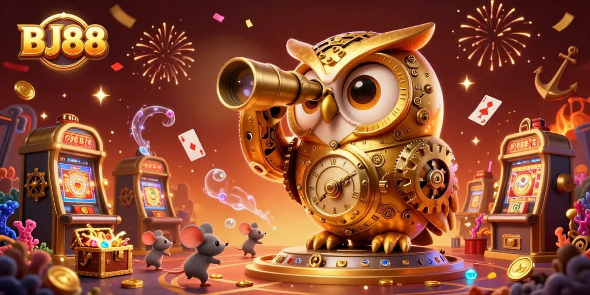 Bettors enjoy the BJ88 casino experience, where a massive golden owl oversees a vibrant game-filled landscape.