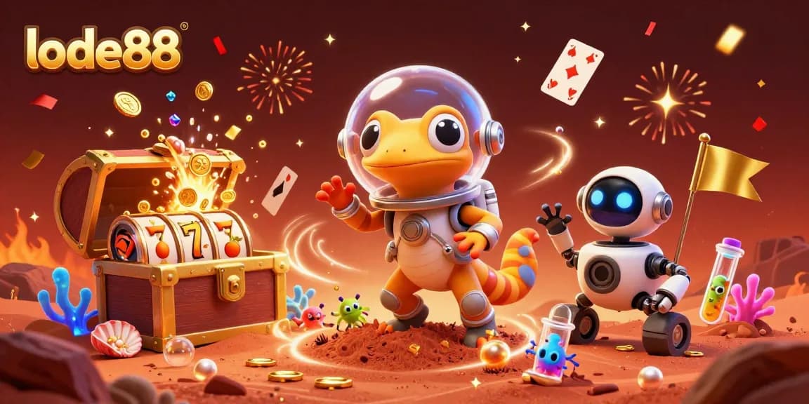 Experience excitement at lode88's casino with our Martian gecko discovering treasures and games.