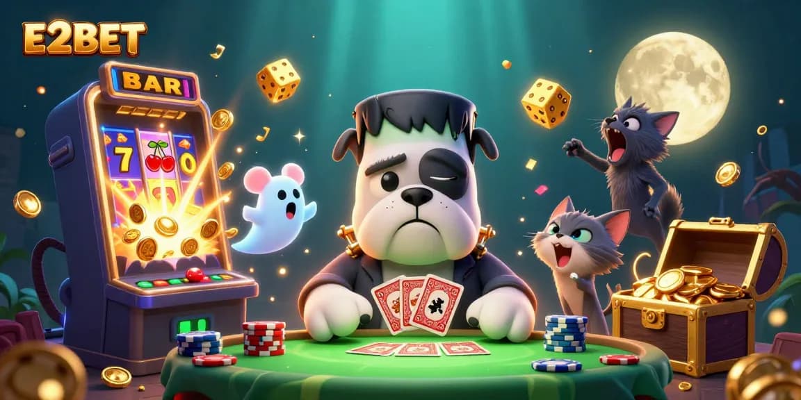 E2BET's dynamic gaming experience with cartoon characters engaging in thrilling casino entertainment.