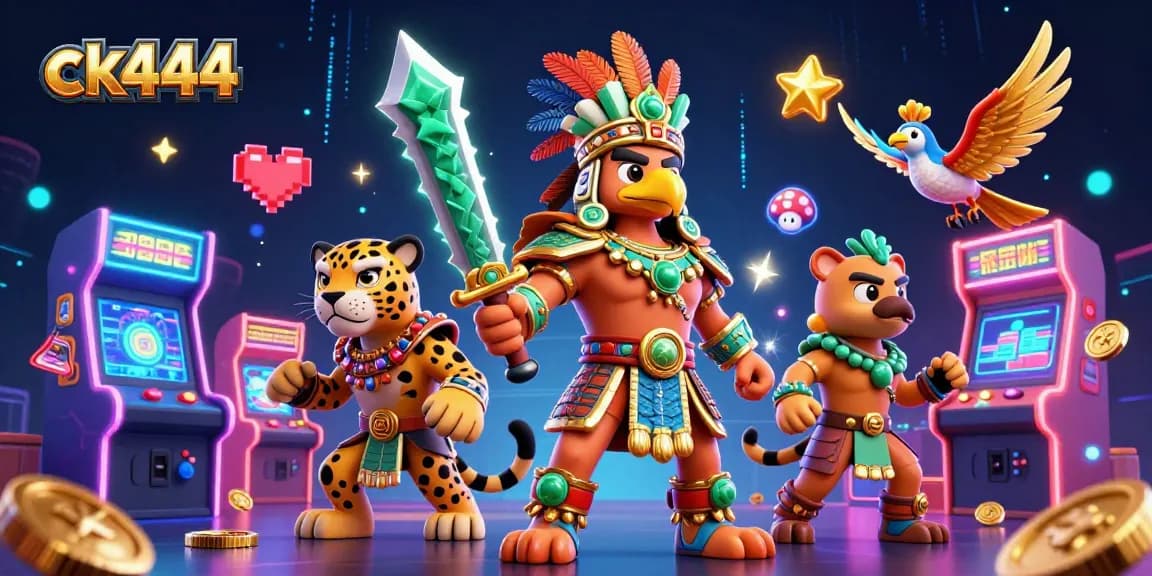 Engage with ck444 casino thrills through a vibrant 3D scene showcasing warriors and gaming elements.