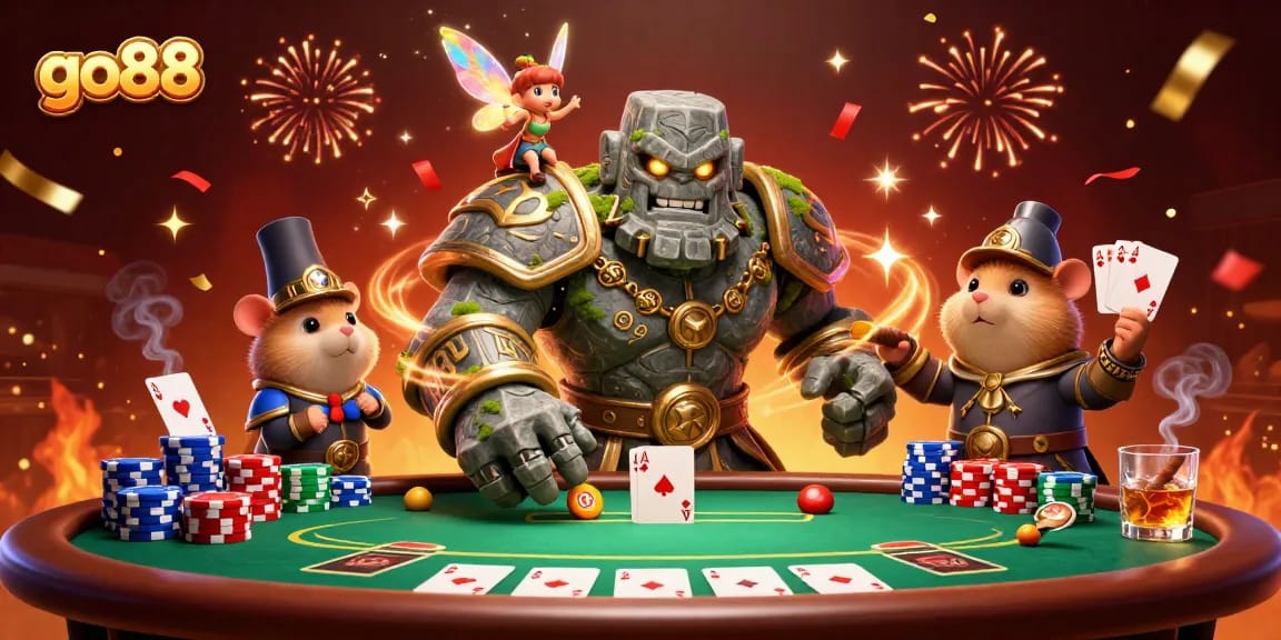 Experience the excitement of go88 with dynamic gaming elements and charming characters in a lively casino scene.