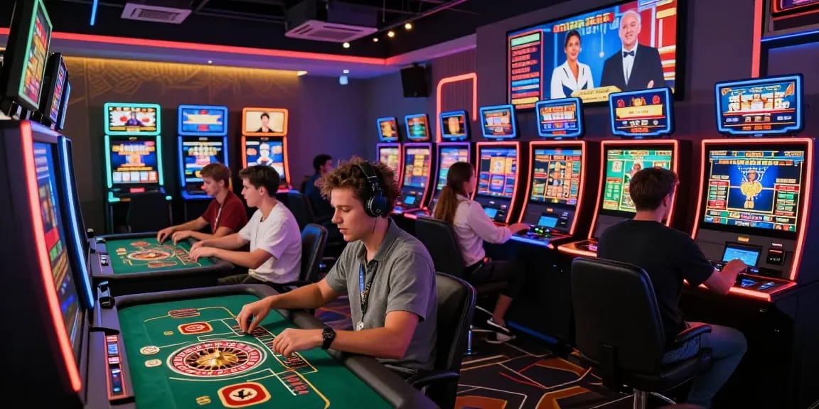 Gruppo di giocatori che si divertono nei casinò online non aams in un vivace ambiente di casinò moderno.