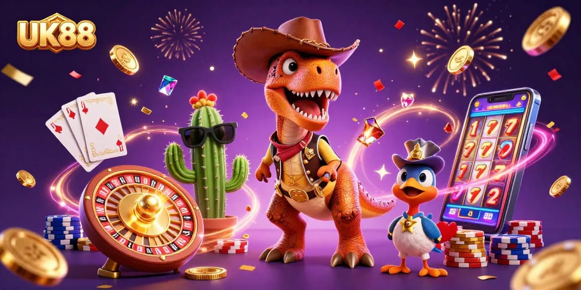 Join the action at UK88 with vibrant casino elements, including a T-Rex and friends celebrating wins.