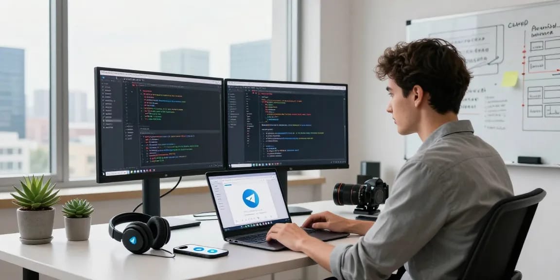 Download Telegram and enhance productivity in a modern tech workspace featuring a stylish user engaging with the app interface.