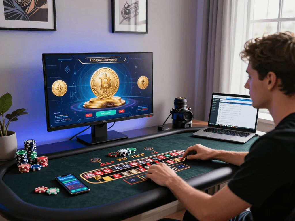 Player enjoying a thrilling crypto casino experience at home, surrounded by digital devices and gaming props.