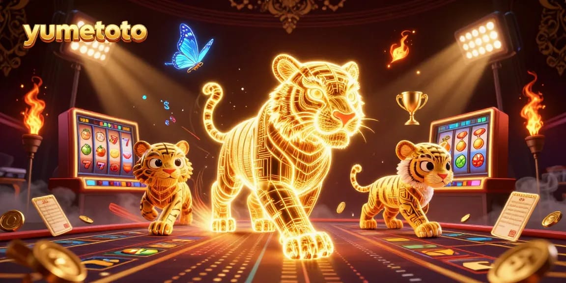 Experience thrilling gameplay with yumetoto while engaging with vibrant, dynamic casino elements showcasing neon designs and golden trophies.