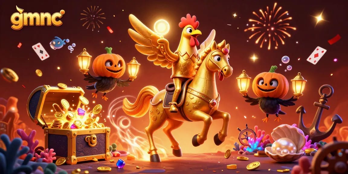 Experience the magic of gmnc with a golden rooster riding through a vibrant casino, surrounded by treasures!