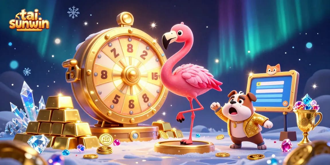 Experience excitement with tai sunwin as a flamingo game show host spins the prize wheel in a vibrant casino scene.