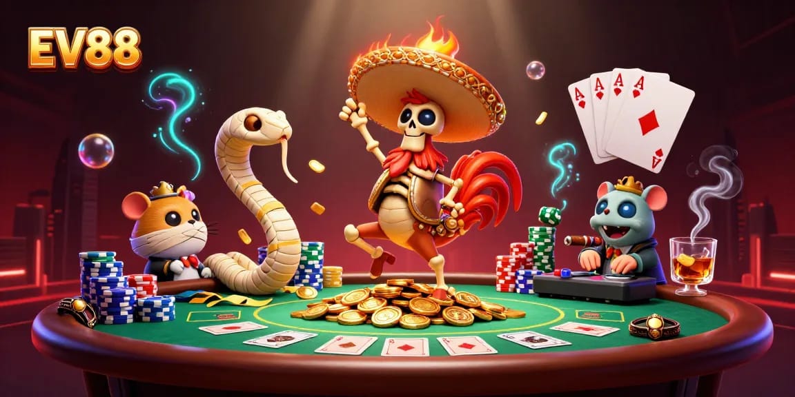Experience EV88's thrilling victory dance with a skeleton mariachi, mummy snake, and zombie DJ in a vibrant casino atmosphere.