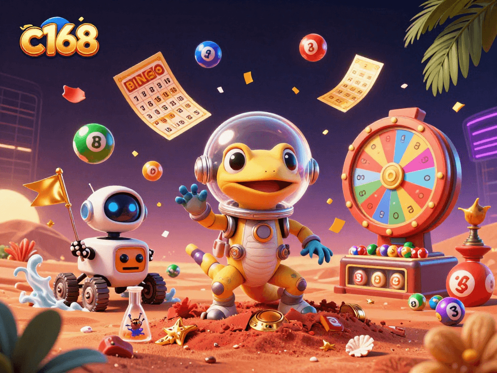 C168 Martian gecko finds a buried golden casino, surrounded by colorful gambling elements.