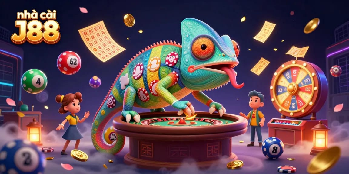 Catch thrilling moments at nhà cái J88 with vibrant gaming elements and a friendly chameleon casino owner.
