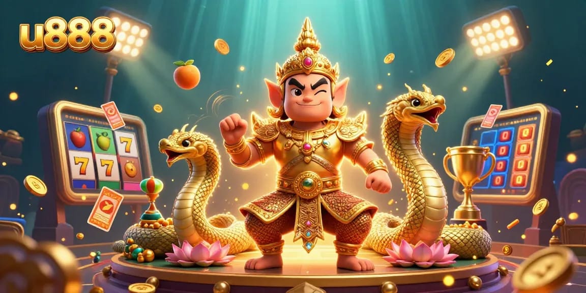 Experience thrilling wins at u888 with friendly guardians and jackpot slots in this vibrant 3D scene.