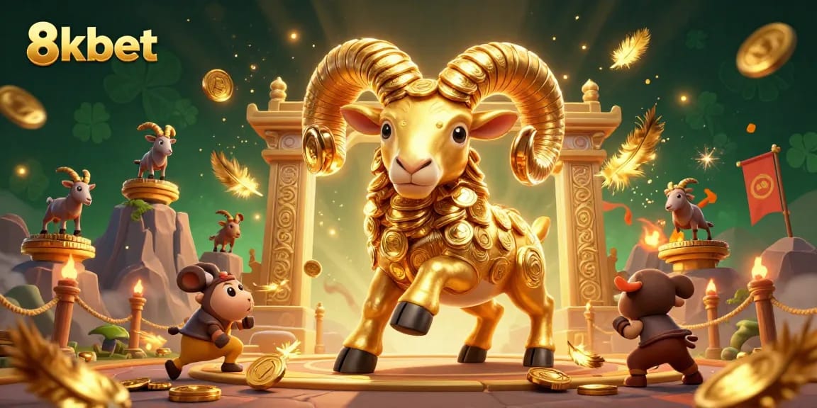 Engage with 8kbet through a dynamic casino scene featuring a golden ram championing games of chance.