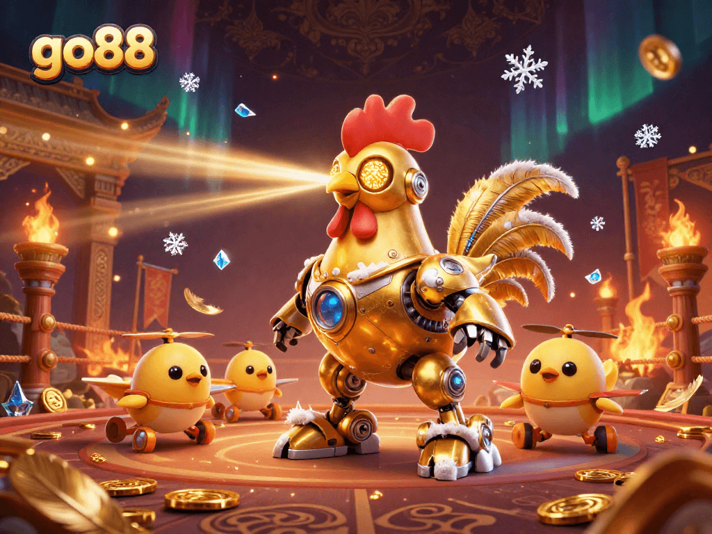 Experience go88's thrilling casino adventure with a golden rooster robot leading joyous baby chick drones.