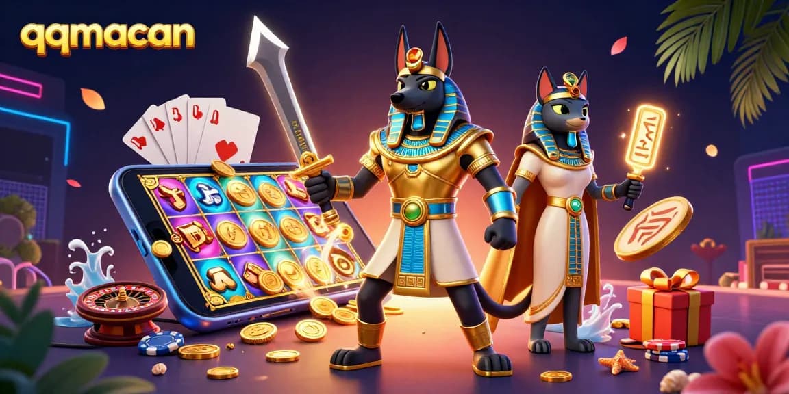 Jelajahi keseruan permainan slot di qqmacan dengan Anubis dan Bastet dalam ilustrasi ceria ini.