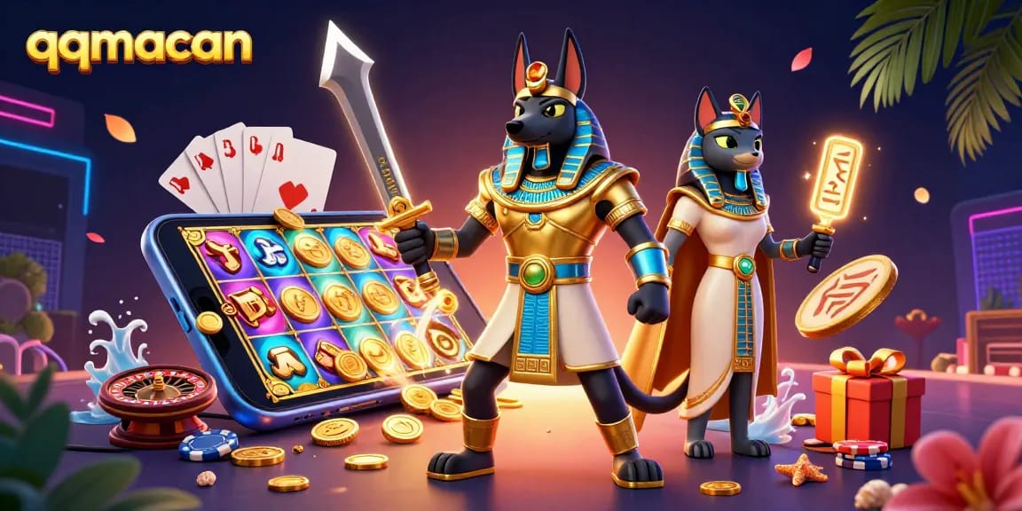 Jelajahi keseruan permainan slot di qqmacan dengan Anubis dan Bastet dalam ilustrasi ceria ini.