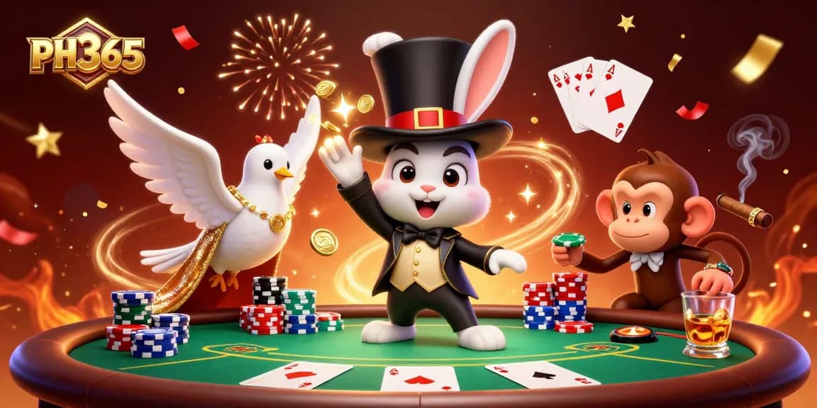 Watch the PH365 magician rabbit conjuring coins, celebrating a vibrant casino scene!