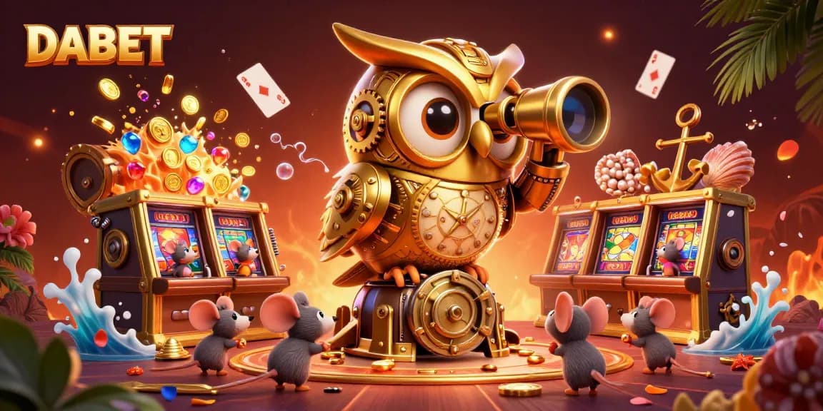 DABET showcases a whimsical 3D scene with an owl scanning a bustling casino, adorned with vibrant treasures and game elements.
