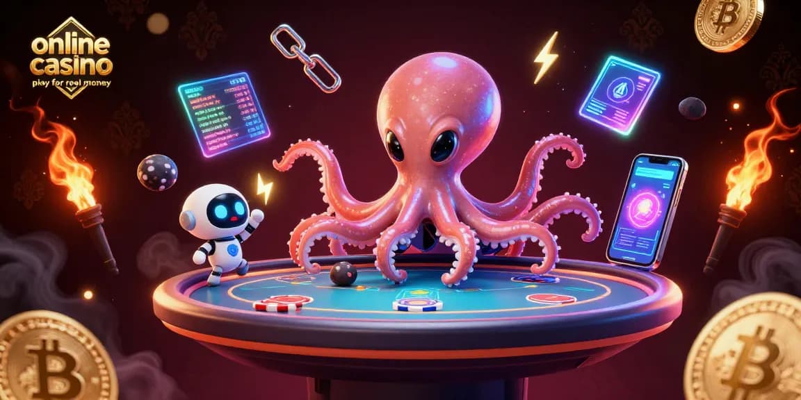 Engage with online casino play for real money in a vibrant alien-themed 3D scene featuring an octopus and robot.