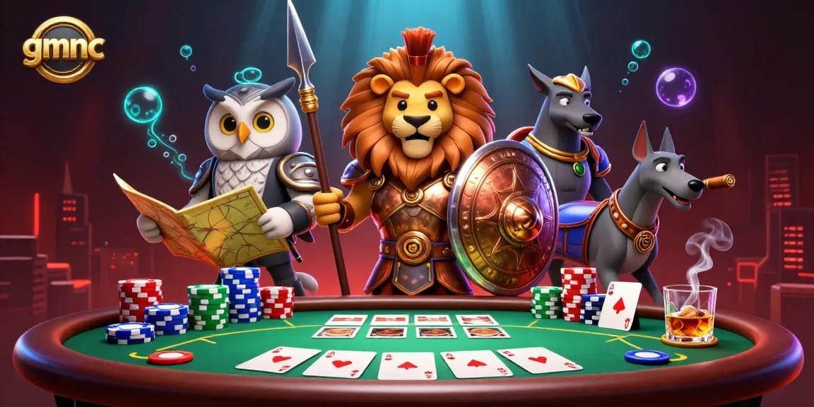 gmnc showcases an engaging poker battle with a Spartan lion, owl strategist, and greyhound in an advanced casino setting.