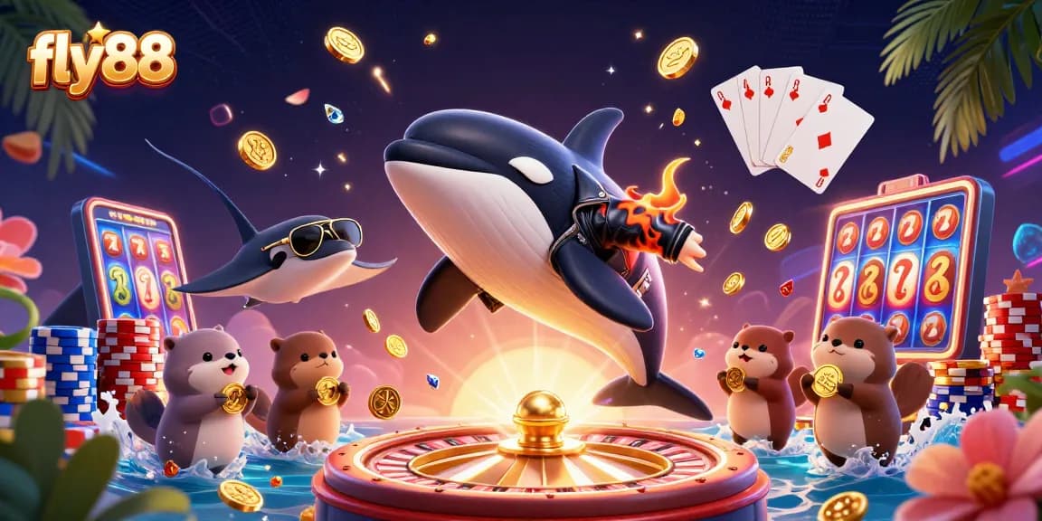 Experience the excitement of fly88 with vibrant characters, golden coins, and dazzling casino elements.