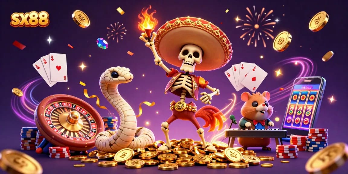 SX88 offers thrilling gaming action with 3D characters celebrating together amidst a vibrant casino backdrop.