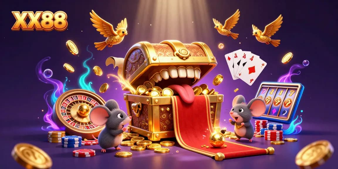 Discover the exciting treasure-filled gaming world of XX88, featuring a vibrant casino atmosphere.