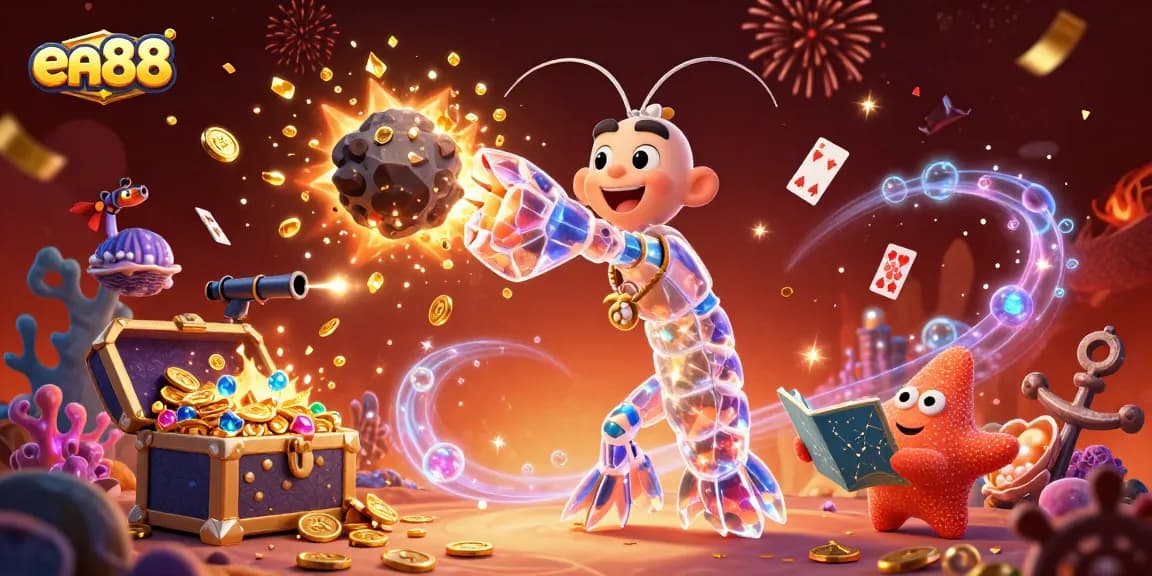 ea88's galactic mantis shrimp battles asteroids, winning gold coins and gems in this vibrant casino-themed illustration.
