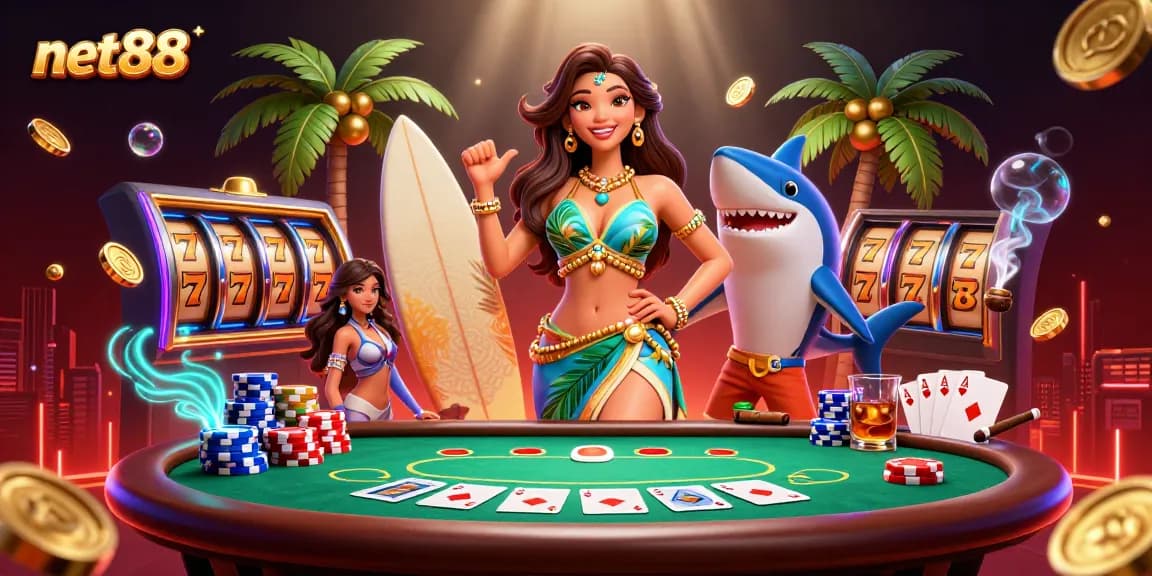 Engage in thrilling gaming at net88 with vibrant characters and casino elements.