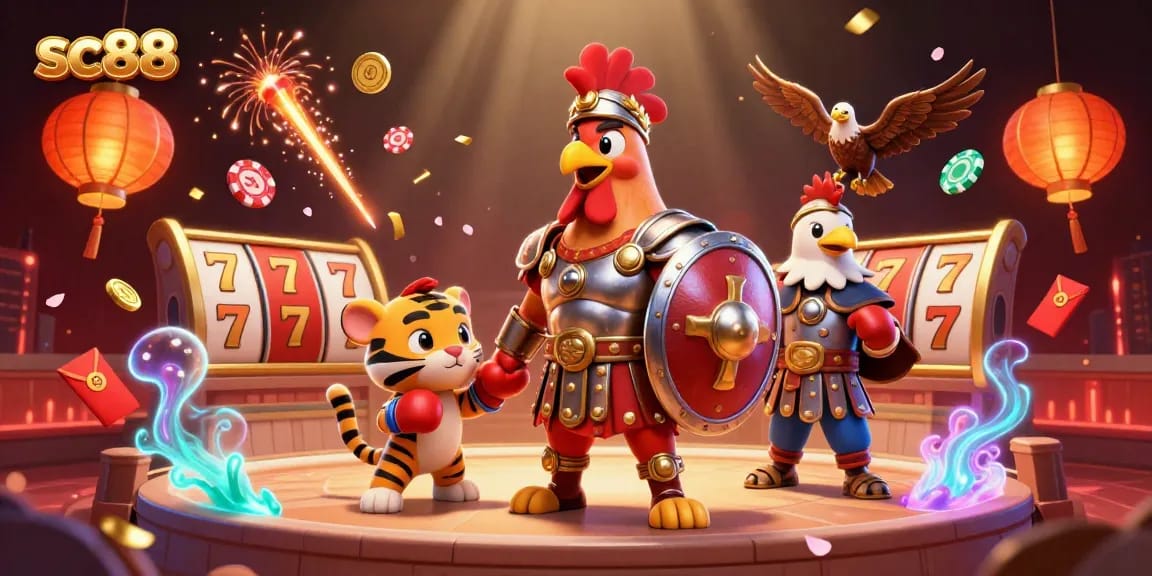 sc88 interactive casino scene featuring a gladiator rooster amidst slot reels and banners