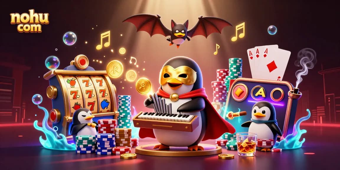 Experience thrilling wins at nohu com with a lively scene of a penguin playing music and golden coins flying